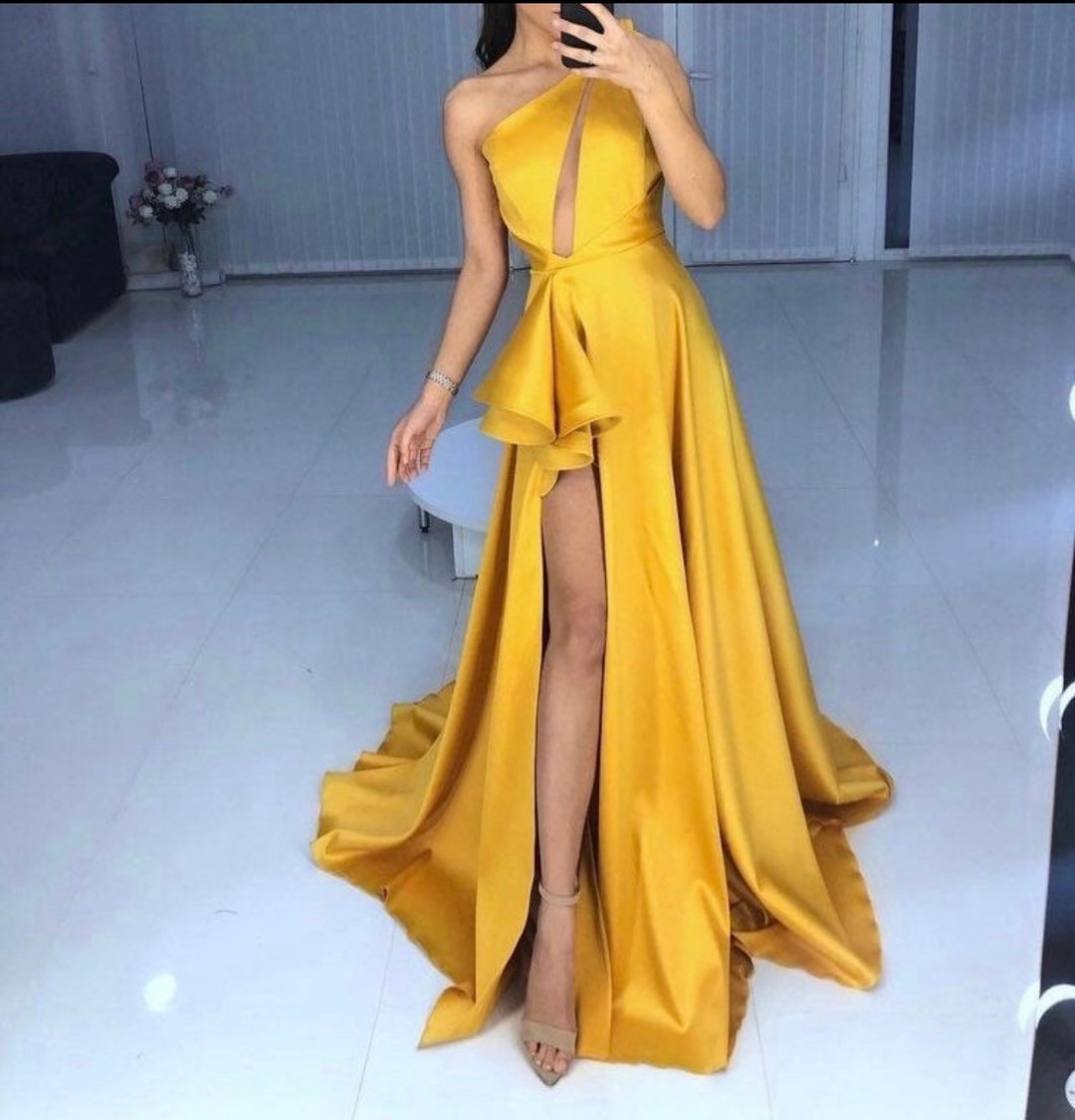 Long Slit Yellow Gown,prom Dress ,wedding Dress,reception Dress, Prom