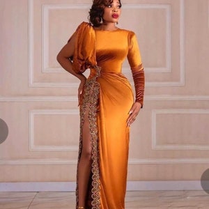 Gala homecoming gown, orange Velvet gown, Prom dress,wedding dress,reception dress,women clothing,African wedding dress for woman,prom dress