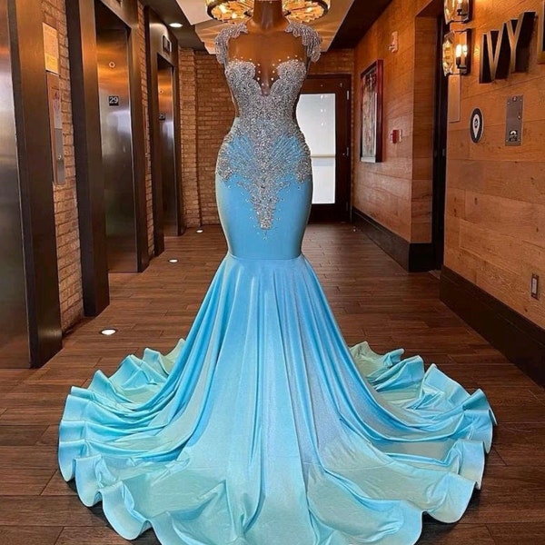 Baby blue  Rhinestone prom dress, embellished gown,Prom dress,wedding dress,reception dress,graduation dress,birthday gown,homecoming queen