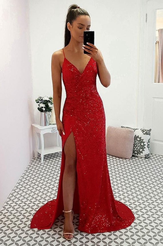 red sequin prom dress