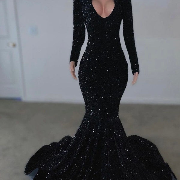 Black sequins slit dress, black gown, black girl gown , sequins black, reception dress, anniversary dress, long dress, mermaid prom dress