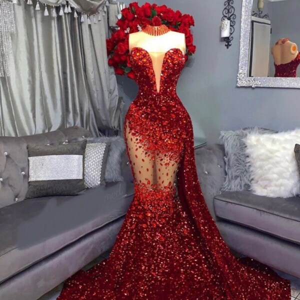 Red mermaid sequin prom dress, Red wedding dress,reception dress, wedding dress, dress bridal party shimmery prom, black girl dress,