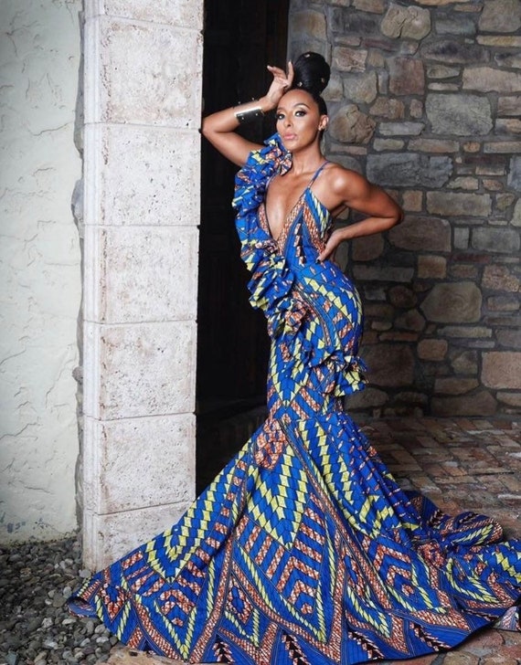 African Maxi Ball Gownafrican Prom Dress Wi Trainafrican Etsy 