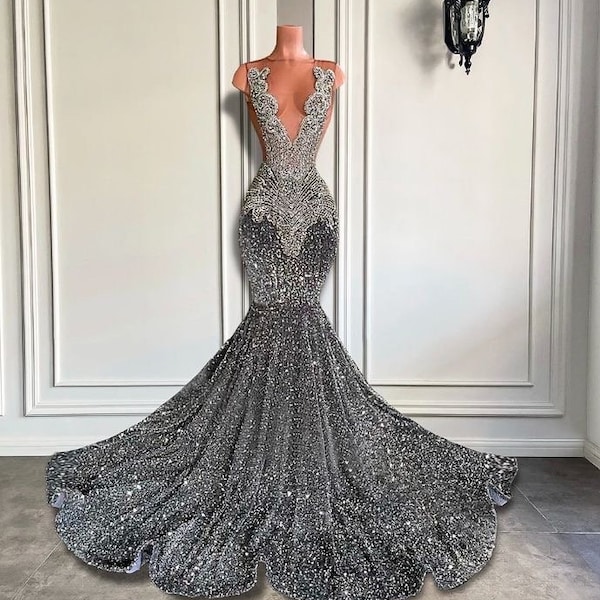 Sequins embellished mermaid prom dress, shimmery silver dress, wedding reception gown ,Anniversary gown, homecoming queen dress, engagement