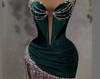 Green gown, luxury midi dress, maid of honor dress,birthday gift dress,(available in colors and wholesale )stone bead gown, rhinestone dress