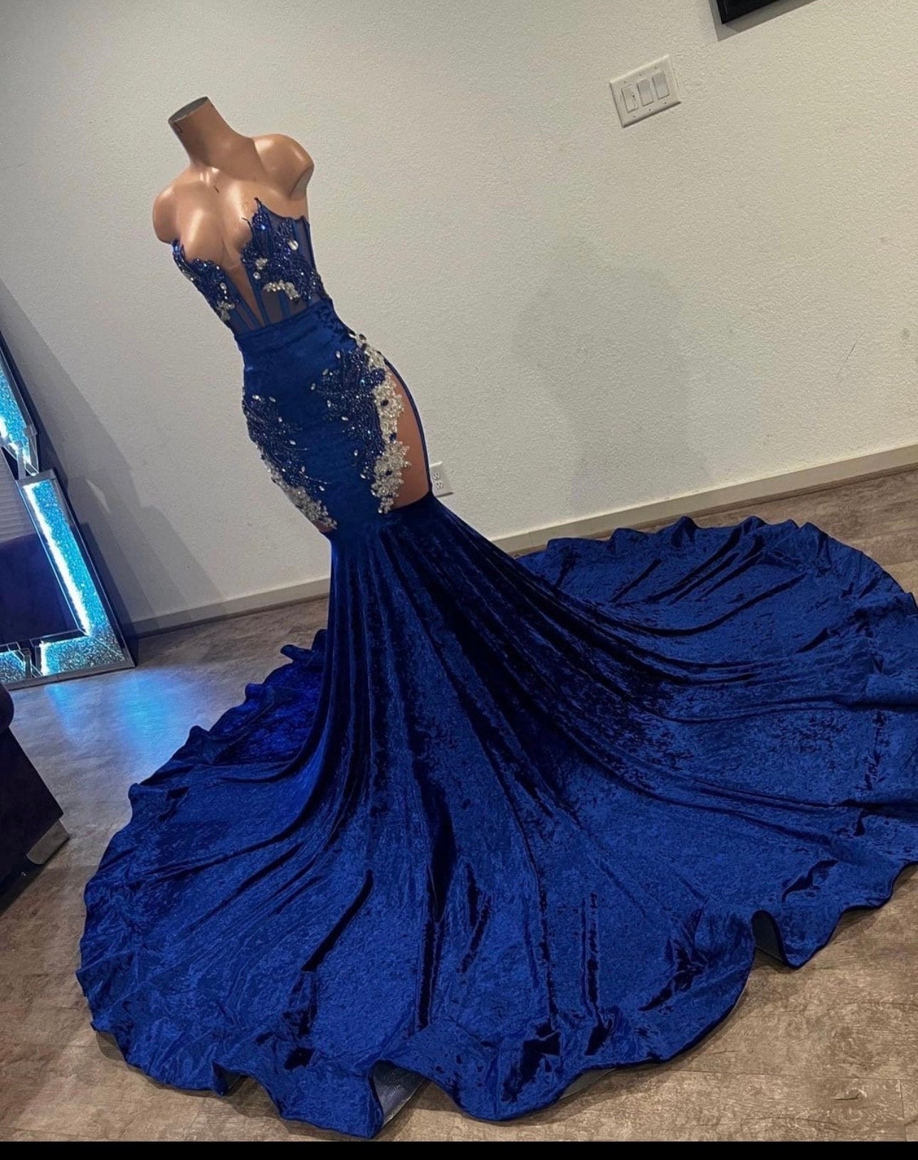 Royal Blue Mermaid Velvet Gown 