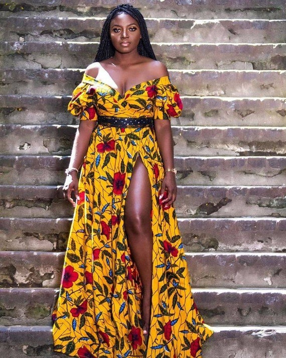 African Maxi off Shoulder Gown Women Clothing, Bright Ankara Maxi Dress,  African Print Clothing,ankara Fabric,slit Gown,summer Wear, Prom 