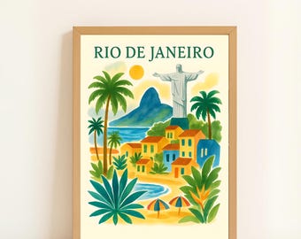Rio de Janeiro Travel Poster: Christ the Redeemer, Copacabana Beach (Digital Print)
