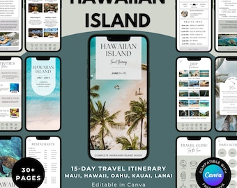 Itinerario de viaje a las islas hawaianas, guía de viaje de 15 días, plantilla de planificador editable (Canva)