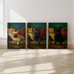 Wydruk artystyczny „Buldog francuski na kanapie”: Fantazyjny wystrój z buldogiem francuskim (pobranie cyfrowe) zdjęcie 1