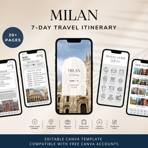 以下が含まれることがあります： 5台のスマートフォンに表示されたミラノの7日間旅行日程表のデジタルテンプレート。画面には旅行ガイド、旅行の概要、日々のスケジュールがテキスト、アイコン、観光地の写真と共に表示されています。Canvaで編集可能です。