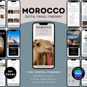 Puede incluir: Un itinerario de viaje digital para Marruecos, mostrado en múltiples teléfonos inteligentes. La pantalla principal muestra un camello con el texto "Morocco Travel Itinerary" y "December 3-8". Otras pantallas muestran información de viaje y el texto "7 Day Digital Itinerary".