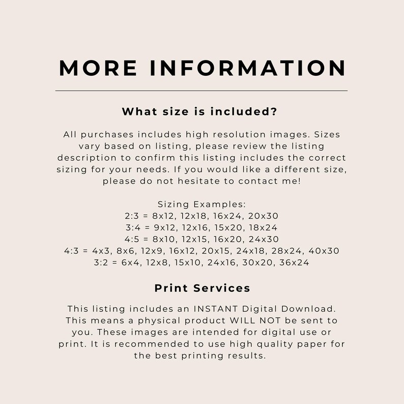 Może przedstawiać: Kremowy nadruk cyfrowy z czarnym tekstem. Tekst brzmi &bdquo;WIĘCEJ INFORMACJI&rdquo; na g&oacute;rze, a następnie szczeg&oacute;ły dotyczące rozmiaru i usług drukowania. Zawiera przykłady rozmiar&oacute;w w centymetrach.