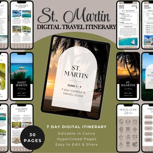 Roteiro de viagem digital personalizável de 7 dias para St. Martin, Ilha do Caribe, Planejador de guia de viagem editável para St. Martin, Roteiro de viagem de lua de mel