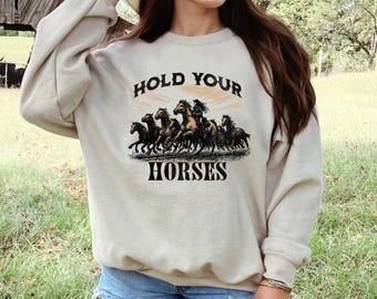 Sudadera Hold Your Horses / Jersey de cuello redondo con estampado de caballo vaquero vintage