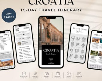 May include: A digital 15-day Croatia travel itinerary template for Canva featuring five smartphone screens displaying travel schedules, guides, and photos. The text includes Croatia 15-Day Travel Itinerary, Travel Guide, and various location names.