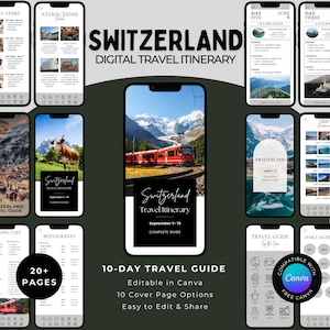 Op de afbeelding: Een digitale reisroute voor Zwitserland, weergegeven op meerdere smartphones. De gids toont een rode trein, berglandschap en de tekst "Switzerland Travel Itinerary". Extra tekst bevat "10-Day Travel Guide" en "Editable in Canva".