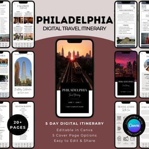 Op de afbeelding: Een digitale reisroute voor Philadelphia, weergegeven op meerdere smartphones. De hoofdfoto toont een zonsondergang boven treinrails. Andere schermen tonen reisroutedetails, restaurantlijsten en de tekst "20+ PAGES".