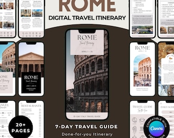 Puede incluir: Un itinerario de viaje digital para Roma, Italia, mostrado en múltiples teléfonos inteligentes. El diseño presenta la palabra "ROME" en letras grandes, junto con imágenes de lugares emblemáticos y información de viaje. La guía es un itinerario de 7 días.