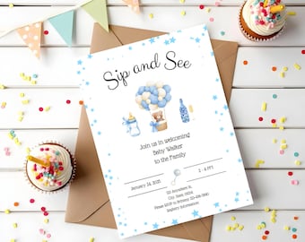 Sip and See Baby Shower Invitation: Blue Baby Boy Evite (Digital Download, Canva Template)