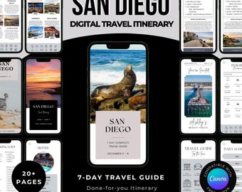 May include: A digital travel itinerary for San Diego, displayed on multiple smartphones. The guide features a sea lion, beach scenes, and the text "San Diego" and "7-Day Travel Guide." Additional text includes "20+ Pages" and "Compatible with Canva."