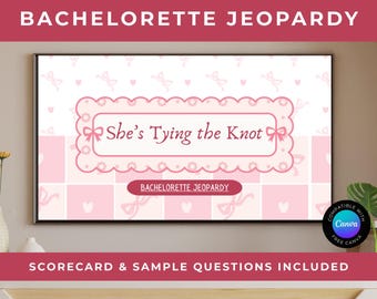 May include: A pink and white digital print for a bachelorette party game. The text "Bachelorette Jeopardy" is at the top and bottom. The center features "She's Tying the Knot" in a decorative frame. Scorecard and sample questions are included.