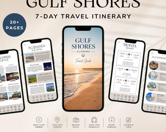 May include: A digital 7-day travel itinerary template for Gulf Shores, Alabama, displayed on five smartphone screens. The design features a beach sunset, activity lists, travel information, and accommodation details, all editable in Canva.