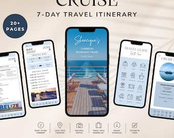 May include: A digital 7-day cruise travel itinerary template featuring 20+ pages displayed on five smartphone screens. The screens show travel schedules, a guide with icons, and cruise details. The text includes CRUISE, 7-DAY TRAVEL ITINERARY, and EDITABLE CANVA TEMPLATE.