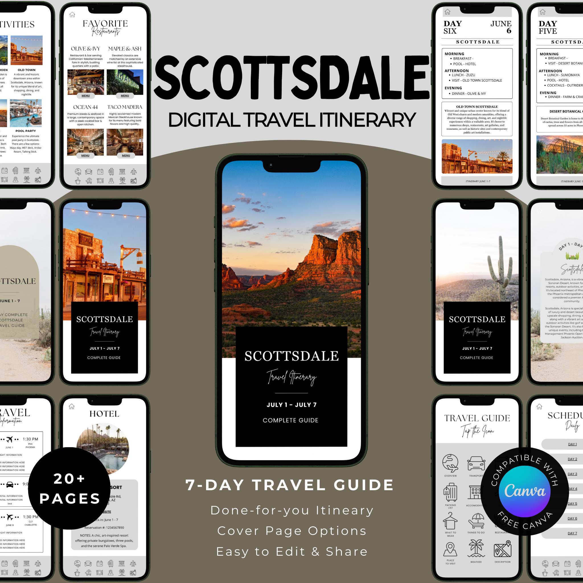 Scottsdale Travel Guide, Scottsdale Arizona Guide, Girls Trip Itinerary, Arizona Travel Guide, AZ Itinerary Template, Travel Agent Guide