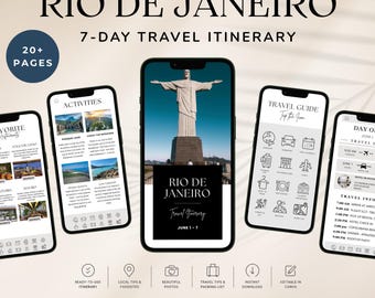 May include: A digital 7-day travel itinerary template for Rio de Janeiro displayed on five smartphone screens. The screens show travel guides, activity lists, and daily schedules featuring the Christ the Redeemer statue and icons.