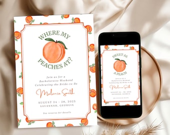 Invitación para despedida de soltera con temática de melocotón: Plantilla editable de Canva (Descarga digital)