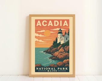 Plakat z Parku Narodowego Acadia: Vintage wydruk z podróży po Maine (do pobrania cyfrowego)