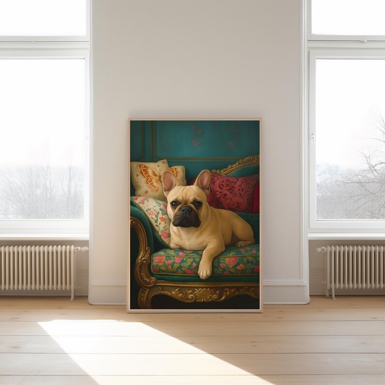 Może przedstawiać: Oprawiony wydruk przedstawiający beżowego buldoga francuskiego na ozdobnej sofie w kolorze morskim i złotym. Sofa ma kwiatowe poduszki w odcieniach czerwieni, kremu i złota. Pies jest gł&oacute;wnym tematem.