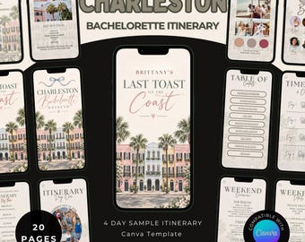May include: A digital bachelorette itinerary template for mobile devices featuring 20 pages with a Charleston theme. The design includes pastel-colored buildings, palm trees, and text such as Brittany's Last Toast on the Coast and Table of Contents.