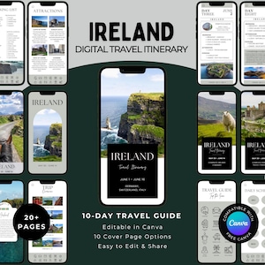 Op de afbeelding: Een digitale reisroute voor Ierland, weergegeven op meerdere smartphones. De gids bevat landschapsfoto's, attractielijsten en een 10-daagse reisplanning. De cover toont de tekst "Ireland Travel Itinerary".