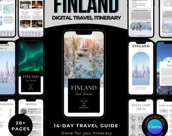 May include: A digital travel itinerary for Finland displayed on multiple smartphones. The main phone shows a winter landscape with text that reads "Finland Travel Itinerary." Other screens display resort and hotel options, and a 14-day travel guide.