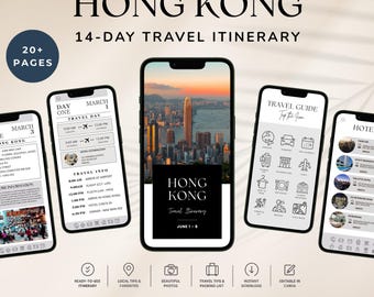 May include: A digital 14-day Hong Kong travel itinerary template featuring 20+ pages. The display shows five smartphone screens with travel schedules, guides, and hotel information. The text includes "HONG KONG 14-DAY TRAVEL ITINERARY" and "EDITABLE CANVA TEMPLATE COMPATIBLE WITH FREE CANVA ACCOUNTS."