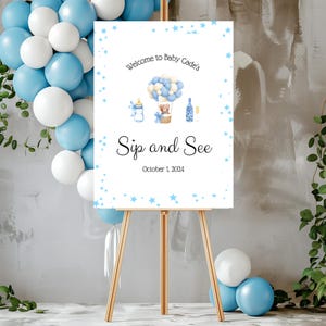 Sip & See Babyparty Willkommensschild, druckbare Sip and See-Willkommensschild-Vorlage, bearbeitbarer Name und Datum, rosa und blaues Sip and See-Poster