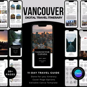 Könnte beinhalten: Eine digitale Reiseplanung für Vancouver, Kanada, die auf mehreren Smartphones angezeigt wird. Die Bildschirme zeigen Stadtlandschaften, Reiseführer und den Text "VANCOUVER DIGITAL TRAVEL ITINERARY". Der Reiseführer umfasst über 20 Seiten und ist eine Canva-Vorlage.