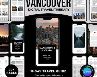 May include: A digital travel itinerary for Vancouver, Canada, displayed on multiple smartphones. The screens showcase cityscapes, travel guides, and the text "VANCOUVER DIGITAL TRAVEL ITINERARY". The guide includes 20+ pages and is a Canva template.