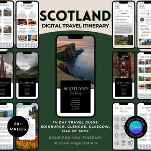 Peut inclure: Une présentation numérique d'un itinéraire de voyage en Écosse, affichée sur plusieurs smartphones. Le design comprend une photo de paysage de l'île de Skye, avec le texte "Scotland Digital Travel Itinerary" et "14-Day Travel Guide". Le guide a 20+ pages et est compatible avec Canva.