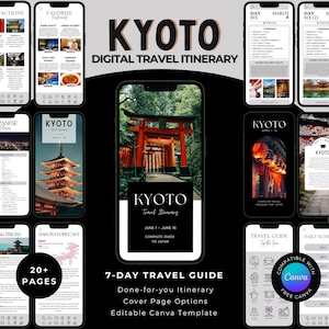 Kyoto Japan Travel Guide & Itinerary Template | Tokyo Vacation Planner | 7-Day Editable Canva Template