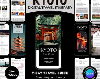 Guía de viaje y plantilla de itinerario para Kioto, Japón / Planificador de vacaciones en Tokio / Plantilla editable de Canva de 7 días