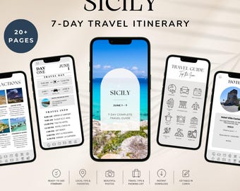 May include: A digital 20+ page Sicily 7-day travel itinerary template for Canva, displayed on five smartphone screens. The screens show travel guides, hotel information, and daily schedules with text, icons, and photos of coastal landscapes.