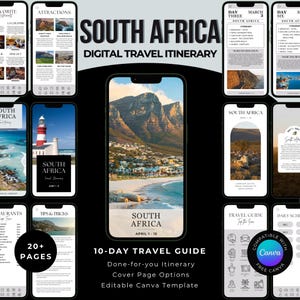 Puede incluir: Un itinerario de viaje digital para Sudáfrica, mostrado en varios teléfonos inteligentes. El teléfono principal muestra una vista panorámica de la playa. Otras pantallas muestran atracciones, itinerarios y consejos de viaje. El texto incluye "Sudáfrica", "Itinerario de viaje digital".