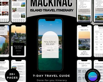 May include: A digital 7-day travel guide template for Mackinac Island displayed on multiple smartphone screens. The layout includes itinerary pages, activity lists, accommodation details, and flight information with editable text and photo placeholders.