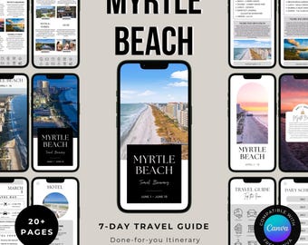 May include: A digital 7-day Myrtle Beach travel guide template featuring multiple smartphone screen layouts displaying itineraries, restaurant recommendations, and daily schedules with beach photography, all editable in Canva.