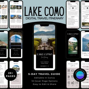 May include: A digital travel itinerary for Lake Como, Italy, displayed on multiple smartphones. The guide includes a 5-day itinerary, with 20+ pages, and is editable in Canva. The cover features a scenic view of Lake Como.