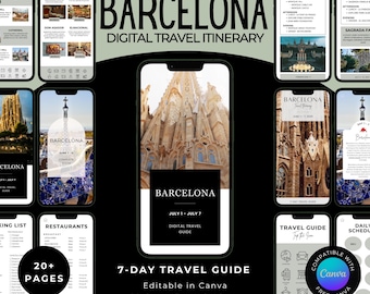 Barcelona 7-Day Travel Itinerary, Spain Vacation Planner (Editable Canva Digital Download)