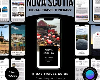May include: A digital travel itinerary for Nova Scotia, displayed on multiple smartphones. The main phone shows a coastal scene with red buoys and a boat. Text includes "11-Day Travel Guide" and "Editable Canva Template."